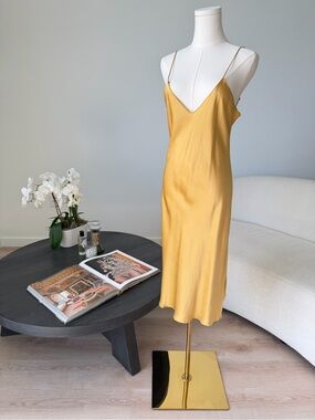 Nili Lotan Champagne Gold Silk Midi Slip Dress V-Neck Size M $545